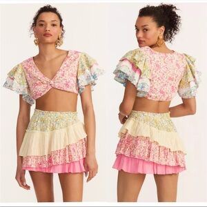 LoveShackFancy Two Piece Kielle Crop Top & Mayze Ruffle Mini Skirt SET size XS